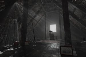 3d rendering of darken empty attic with aged stuff and light rays through holes